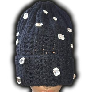 Chunky Black beanie/rhinestones, Handmade By Me, Hand Embroidery, Ask About Cus